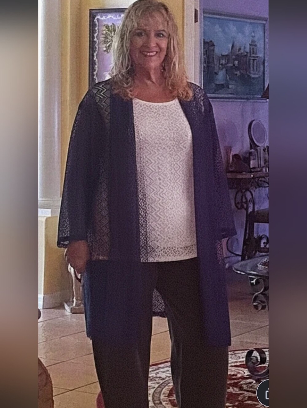 Open crocheted look navy blue jacket by Shannon Ford size XL nice over dress
